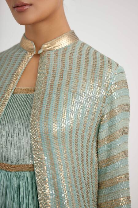 Shop_Nakul Sen_Blue Chiffon Sequin Band Embroidered Jacket With Gown_Online_at_Aza_Fashions