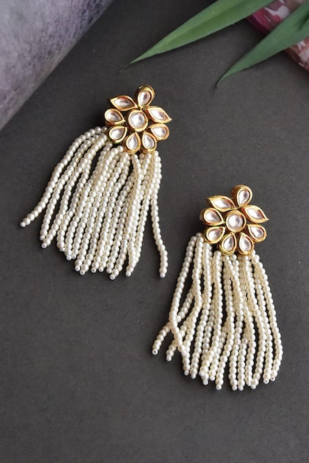 Buy_Swabhimann_Gold Plated Diamonds, Pearls Floral Shape Dangler Earrings _Online_at_Aza_Fashions