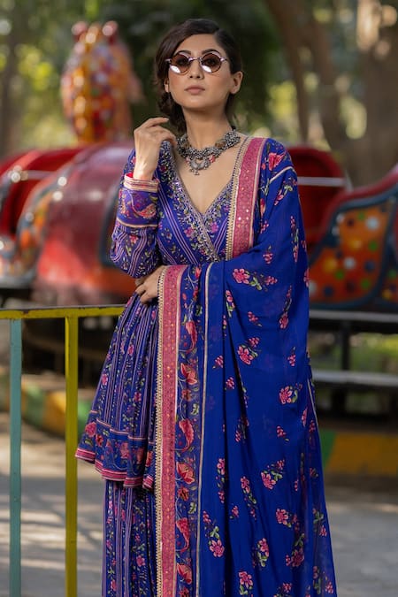 Buy_Irrau By Samir Mantri_Multi Color Georgette Embroidery V-neck Flower Vine Print Kurta And Gharara Set _Online_at_Aza_Fashions
