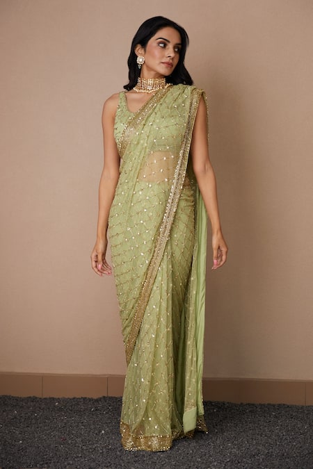 Buy Astha Narang Green Net, Crepe Sequins Scoop Neck Checkered Embroidered Saree With Blouse Online at Aza Fashions Buy_Astha Narang_Green Net, Crepe Sequins Scoop Neck Checkered Embroidered Saree With Blouse _Online_at_Aza_Fashions