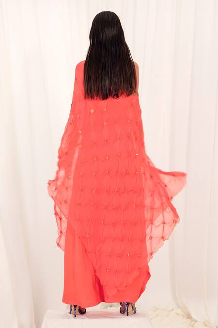 Buy_AK-OK_Orange Cotton Beads, Embroidery Asymmetric Tunic And Skirt Set _Online_at_Aza_Fashions