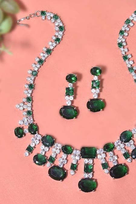 Buy_Swabhimann_Green Crystals Zirconia Embellished Necklace Set _Online_at_Aza_Fashions