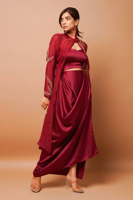 Buy Ahi Clothing Wine Satin Zari Sweetheart , Round Embroidered Jacket Skirt Set Online at Aza Fashions Buy_Ahi Clothing_Wine Satin Zari Sweetheart , Round Embroidered Jacket Skirt Set _Online_at_Aza_Fashions