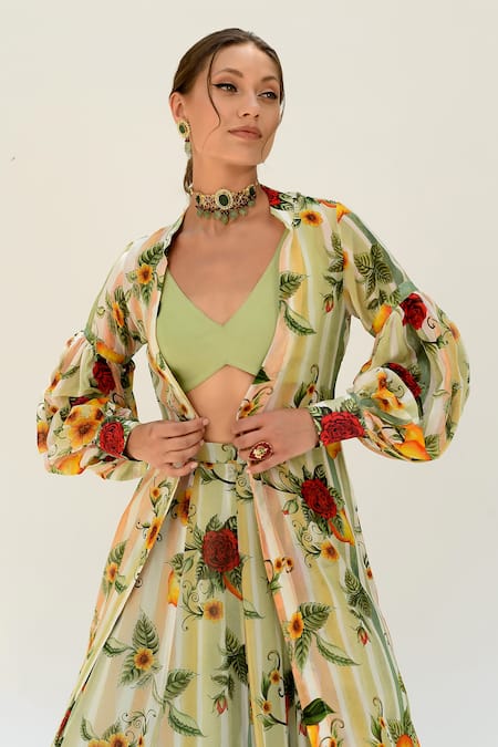 Shop_Sanam_Multi Color Silk Organza Embroidery Elena Floral Pattern Long Jacket Lehenga Set _Online_at_Aza_Fashions