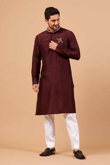 Buy_Hilo Design_Maroon Cotton, Silk, Lycra Embroidery Adira Placement Kurta Set _Online_at_Aza_Fashions