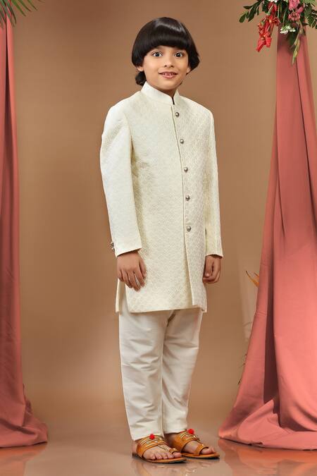 Buy_Kora By Nilesh Mitesh_Cream Silk Embroidery Thread Sherwani Set_Online_at_Aza_Fashions