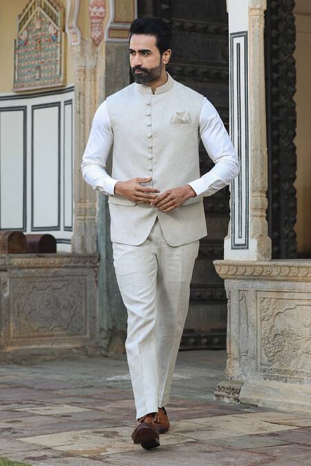 Buy_Raw & Rustic By Niti Bothra_Beige Linen Bundi And Pant Set _Online_at_Aza_Fashions