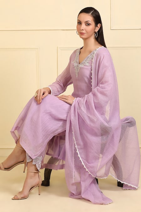 Shop_Neha Khullar_Purple Silk, Muslin, Pearls, Neckline Embroidered Kurta Set _Online_at_Aza_Fashions