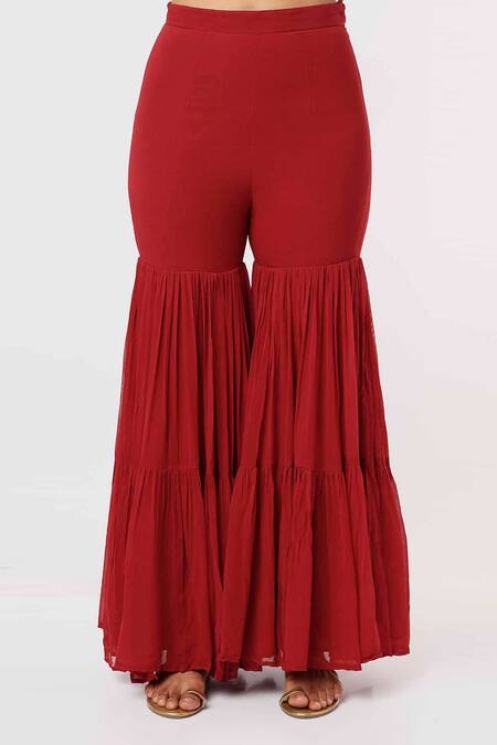 Buy_Mehak Murpana_Red Silk Embroidery, Beads V-neck Floral Kurta Sharara Set _Online_at_Aza_Fashions