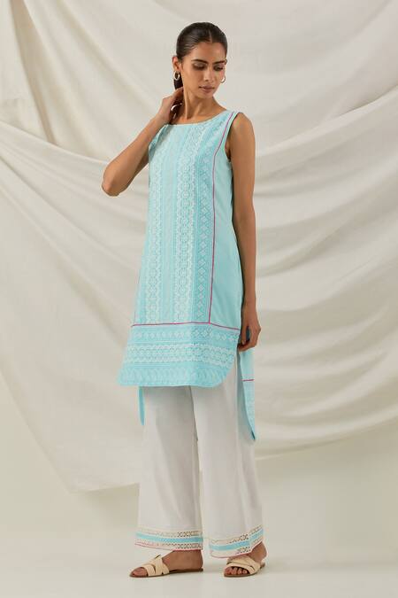 Buy_The Indian Cause_Blue Cotton Piping, Lace, Embroidery Round Neck Chikankari Kurta Palazzo Set_Online_at_Aza_Fashions