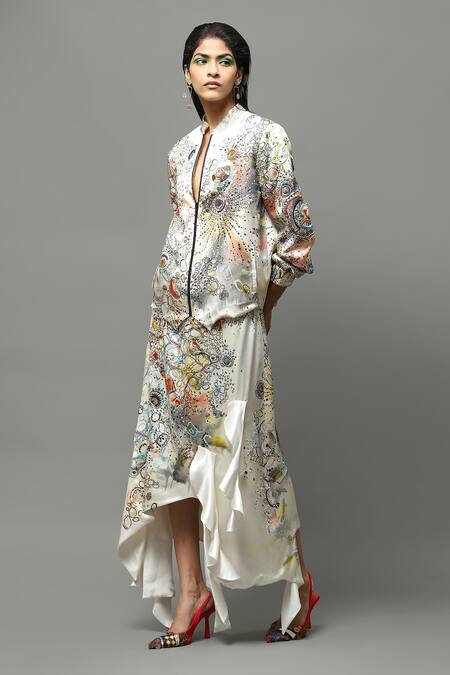 Buy_AK-OK_Multi Color Satin Printed Abstract Pattern Handkerchief Hem Skirt_Online_at_Aza_Fashions