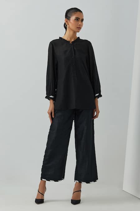 Buy_The Indian Cause_Black Chanderi Round Neck Ruffle Tunic And Palazzo Set _Online_at_Aza_Fashions