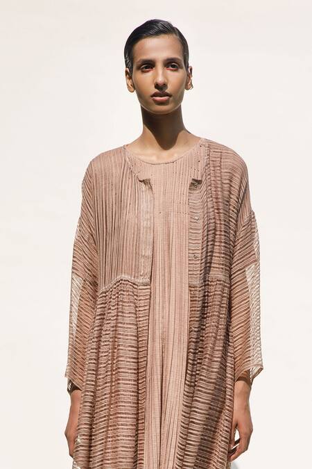 Buy_Urvashi Kaur_Beige Linen Open Neck Misty Pleated Overlay _Online_at_Aza_Fashions