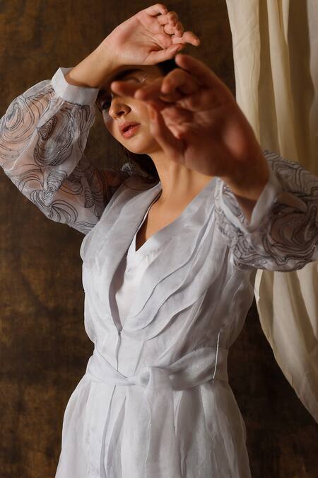 Buy_Eclat By Prerika Jalan_Grey Organza, Satin Sequins, Beads V-neck Embroidered Dress With Belt _Online_at_Aza_Fashions