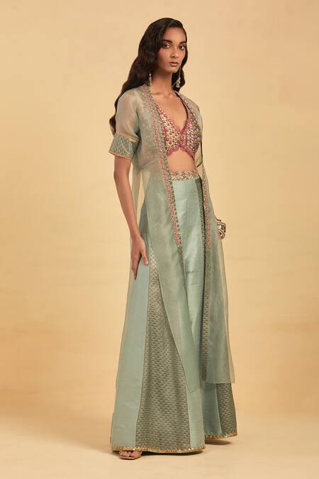 Buy Aum By Asit And Ashima Blue Silk Embroidery Zari V Neck Placement Cape Palazzo Set Online at Aza Fashions Buy_Aum By Asit And Ashima_Blue Silk Embroidery Zari V Neck Placement Cape Palazzo Set_Online_at_Aza_Fashions