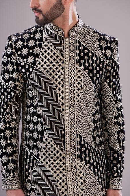 Buy_Kasbah_Black Velvet, Cotton Embroidery Sherwani Set _Online_at_Aza_Fashions