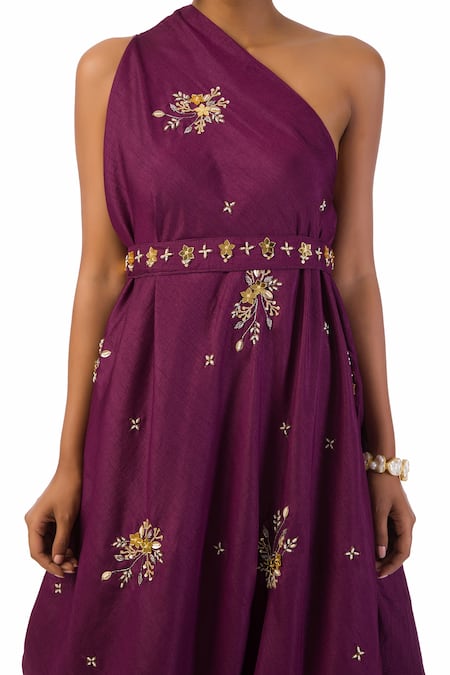 Buy_Meghna Shah_Wine Denim Beads, Sequins, Mirrors, Embroidery, Cut One Shoulder Draped Dress _Online_at_Aza_Fashions