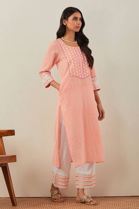 Buy The Indian Cause Peach Cotton Embroidery Chikankari Round Rooh Kurta And Palazzo Set Online at Aza Fashions Buy_The Indian Cause_Peach Cotton Embroidery Chikankari Round Rooh Kurta And Palazzo Set _Online_at_Aza_Fashions