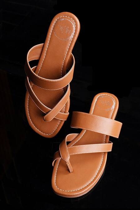 Buy_Myra_Brown Running Stitch Vegan Leather Criss-cross Flats_Online_at_Aza_Fashions