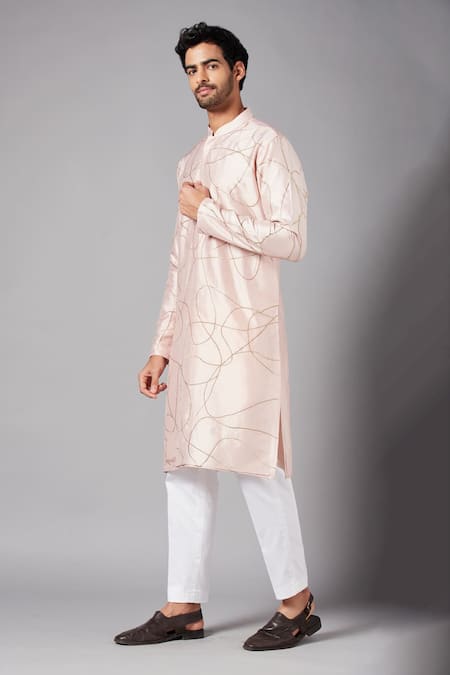 Buy_Hilo Design_Peach Cotton, Lycra Zari, Embroidery Ilaria Kurta Set _Online_at_Aza_Fashions