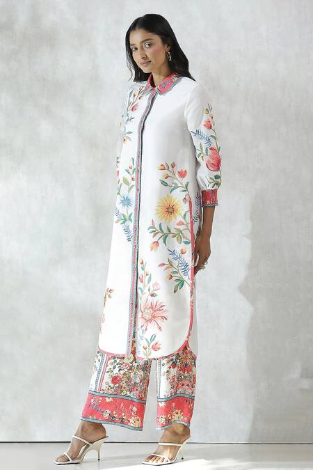 Buy_RANNA GILL_Multi Color Viscose Linen Print Floral Bouquet Collared Neck Kurta _Online_at_Aza_Fashions