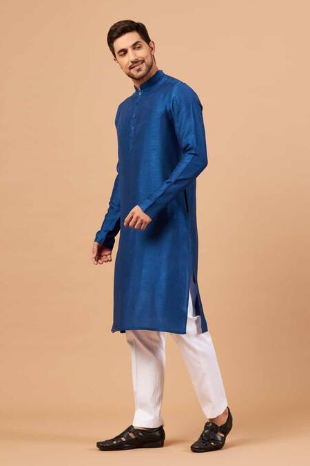 Buy_Hilo Design_Blue Cotton, Lycra, Silk Solid Straight Kurta Set _Online_at_Aza_Fashions