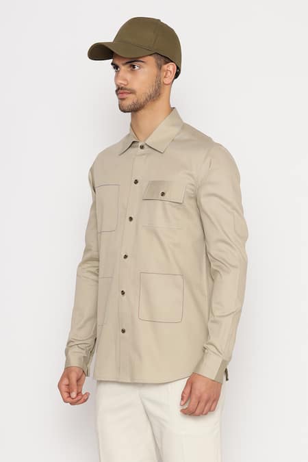 Buy_Lacquer Embassy_Beige Cotton Harcourt Flap Pocket Shirt _Online_at_Aza_Fashions
