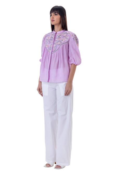 Buy_Gaya_Purple Linen Embroidered Floral Mandarin Collar Yoke Shirt _Online_at_Aza_Fashions