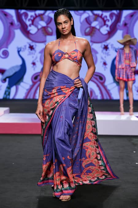 Shop_Limerick By Abirr N' Nanki_Multi Color Crepe Tassels Sweetheart Neck Dion Printed Draped Blouse _Online_at_Aza_Fashions