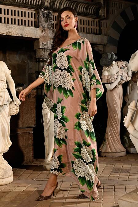 Buy_Sanam_Multi Color Silk V-neck Sophie Floral Pattern Kaftan Dress _Online_at_Aza_Fashions