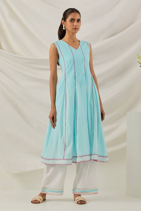 Buy_The Indian Cause_Blue Cotton Piping, Embroidery Round Neck Mastani Kalidar Kurta Palazzo Set_Online_at_Aza_Fashions