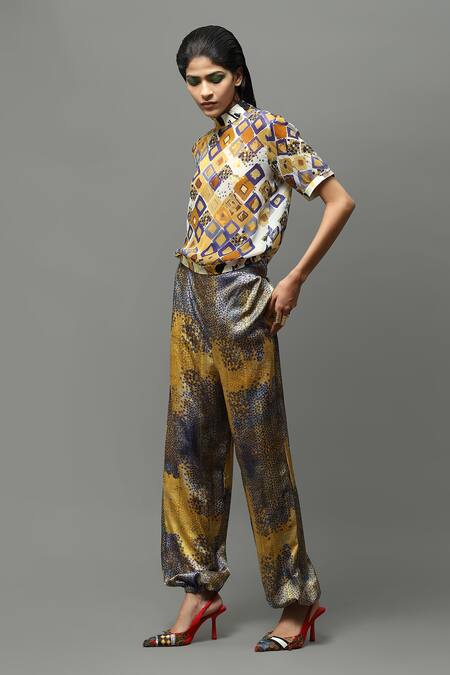 Shop AK-OK Yellow Chiffon High Neck Abstract Print Top And Joggers Set Online at Aza Fashions Shop_AK-OK_Yellow Chiffon High Neck Abstract Print Top And Joggers Set _Online_at_Aza_Fashions