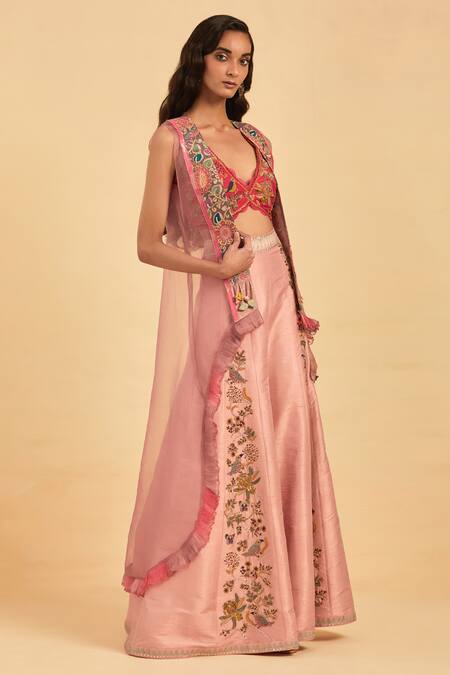 Buy Aum By Asit And Ashima Pink Silk Embroidery V-neck Sheer Placement Cape Sharara Set Online at Aza Fashions Buy_Aum By Asit And Ashima_Pink Silk Embroidery V-neck Sheer Placement Cape Sharara Set _Online_at_Aza_Fashions