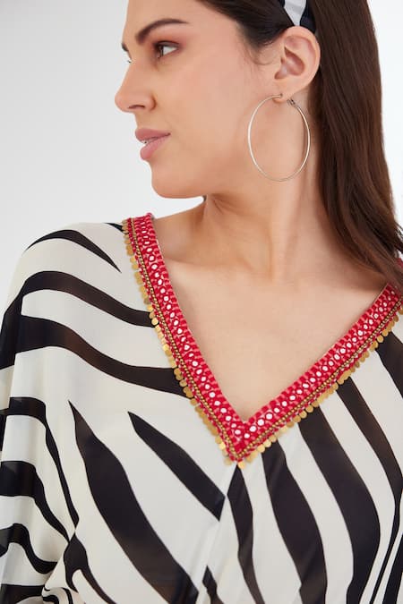 Buy_Nikasha_Black Viscose, Georgette Sequins, Embroidery V-neck Animal Print Kaftan Dress _Online_at_Aza_Fashions