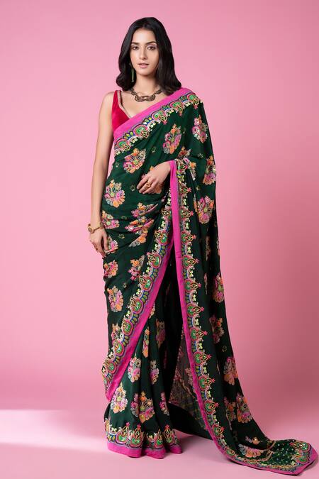 Buy_Siddhartha Bansal_Green Pure Crepe Embroidered Paisley Royal Print Saree With Blouse  _Online_at_Aza_Fashions