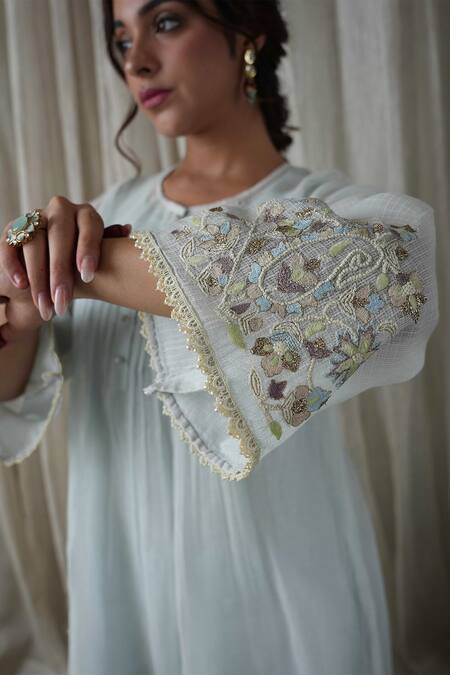 Buy Kanika Sharma Sky Blue Kota Doria, Cotton, Denim Pearls, Embroidery Round Kurta And Palazzo Set Online at Aza Fashions Buy_Kanika Sharma_Sky Blue Kota Doria, Cotton, Denim Pearls, Embroidery Round Kurta And Palazzo Set _Online_at_Aza_Fashions