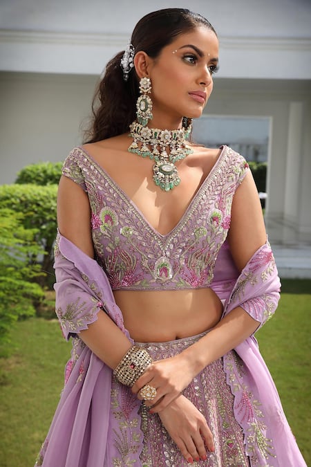 Buy_Miku Kumar_Purple Silk, Satin, Organza Flower Bloom Hand Embroidered Bridal Lehenga Set _Online_at_Aza_Fashions
