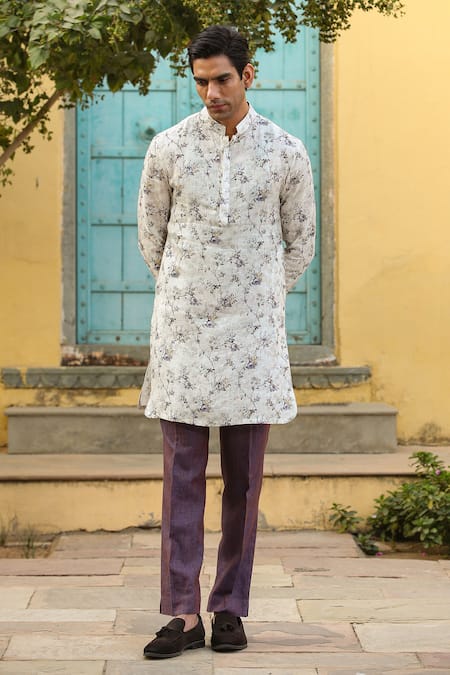 Buy_Raw & Rustic By Niti Bothra_Cream Linen Embroidery Floral Print Kurta _Online_at_Aza_Fashions
