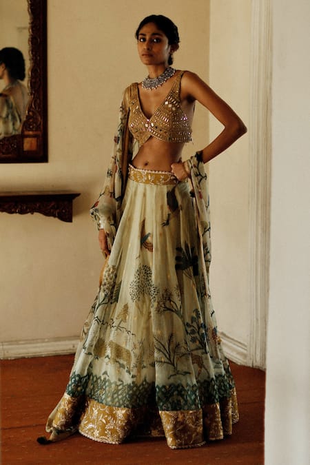 Buy_Archana Jaju_Green , Chanderi , Forest Kalamkari Bridal Lehenga Set_Online_at_Aza_Fashions