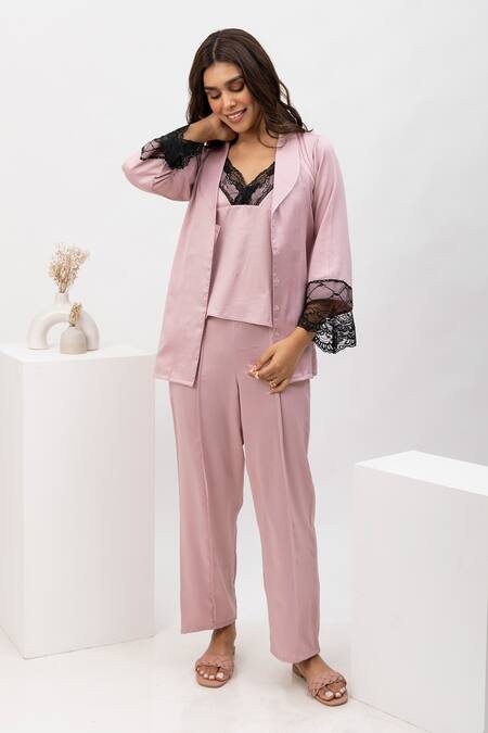 Buy_Dawn And Dusk_Pink Satin Lace Collared, V-neck Robe And Pant Set_Online_at_Aza_Fashions