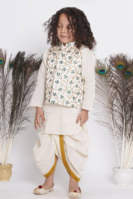 Little Bansi Cream Silk, Cotton Embroidery Floral Bundi And Kurta Set Online at Aza Fashions Little Bansi_Cream Silk, Cotton Embroidery Floral Bundi And Kurta Set _Online_at_Aza_Fashions