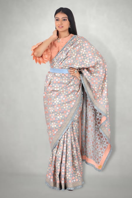 Buy I Am Design Green Silk Ikat Print Frill Border Saree Online at Aza Fashions Buy_I Am Design_Green Silk Ikat Print Frill Border Saree _Online_at_Aza_Fashions