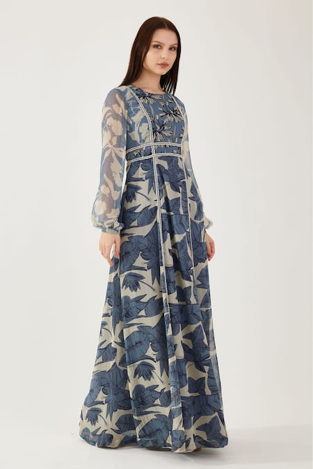 Buy_Koai_Blue Chiffon Embroidery Round Neck Floral Print Maxi Dress_Online_at_Aza_Fashions