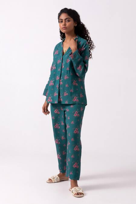 Buy Label Shreya Sharma Green Linen Embroidery Collared, Sweetheart Neck Floral Print Jacket And Pant Set Online at Aza Fashions Buy_Label Shreya Sharma_Green Linen Embroidery Collared, Sweetheart Neck Floral Print Jacket And Pant Set_Online_at_Aza_Fashions
