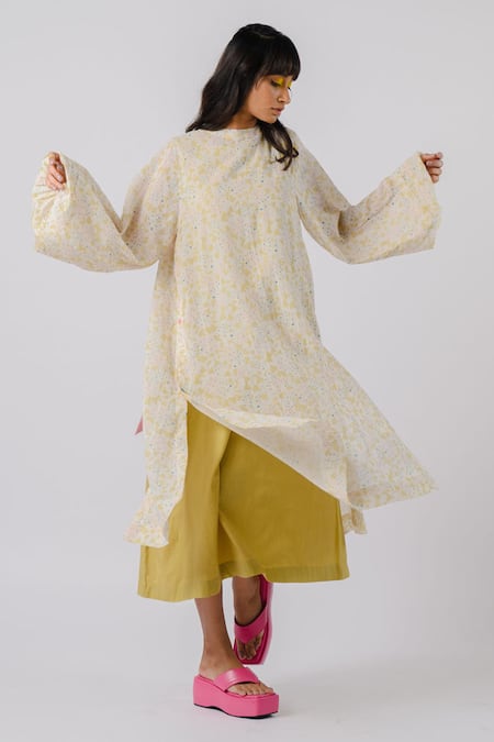 Tussah By Siddhi Shah Green Cotton Round Neck A-line Dress With Printed Overlay Online at Aza Fashions Tussah By Siddhi Shah_Green Cotton Round Neck A-line Dress With Printed Overlay _Online_at_Aza_Fashions