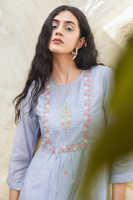 Buy_Tatwa_Blue Handloom Cotton, Viscose Embroidery Round Neck Placement Kurta And Pant Set _Online_at_Aza_Fashions