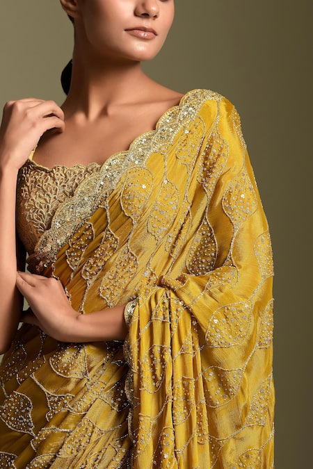 Buy_Two Sisters By Gyans_Yellow Blouse Piece Satin, Saree Georgette Crystal And Zari Embellished With _Online_at_Aza_Fashions