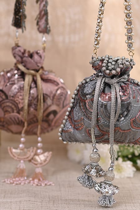 Buy_Miar Designs_Grey Sequins Gazal Hand Embroidered Potli Bag_Online_at_Aza_Fashions