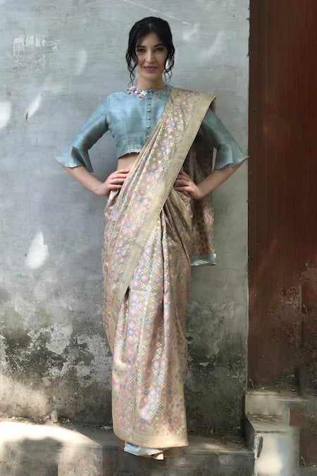 Buy_I Am Design_Beige Silk Ikat Print, Floral And Kantha Embroidery Round Saree With Blouse _Online_at_Aza_Fashions