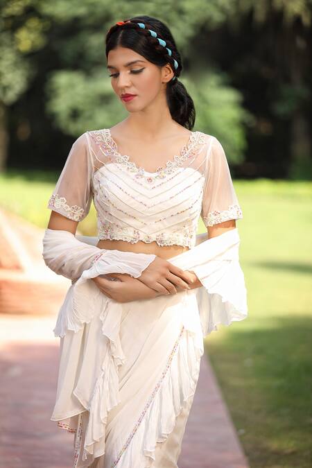 Buy_Tarini Vij_White Blouse Net And Satin, Saree Georgette Pre-stitched Ruffle Skirt & Set_Online_at_Aza_Fashions